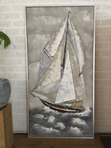 Prachtig groot olieverf doek van een zeilschip in mooie kleurstelling in alu lijst!